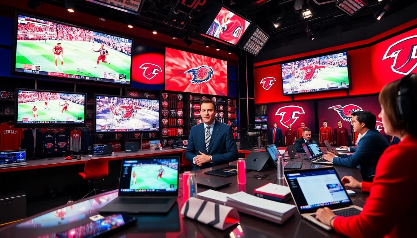 Dynamic sports broadcasting studio showcasing hosts and live game displays, engaging the audience in Sports Broadcasting.
