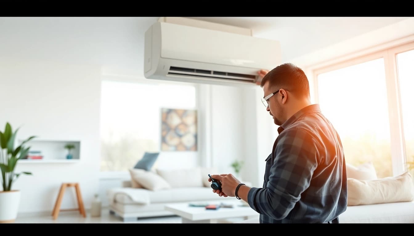 Installing a mini split ac in a modern living room with a skilled technician focused.
