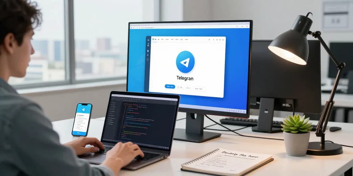 Telegram download interface displayed on a user's desktop in a modern tech workspace, showcasing productivity.