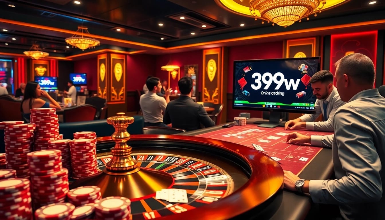 Experience the thrill of winning with 399W at a vibrant casino, featuring roulette, poker chips, and gaming interfaces.