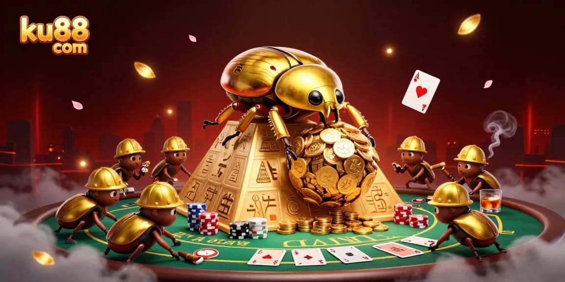 Engage with ku88 com through a vibrant 3D illustration highlighting casino themes and action.