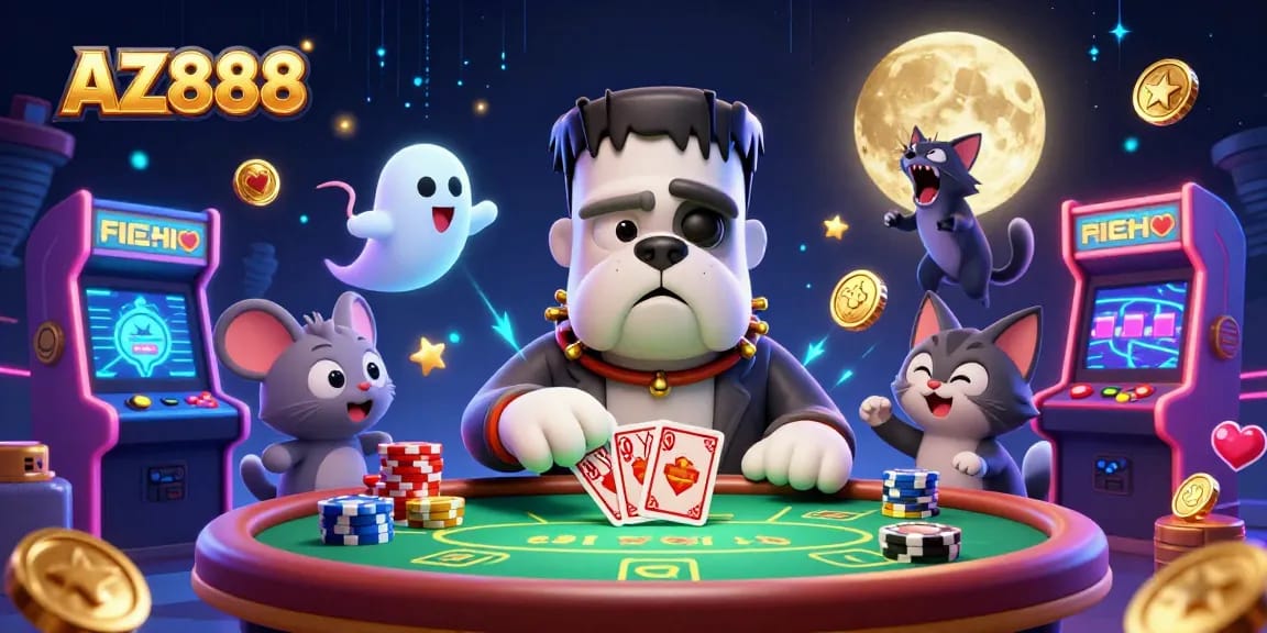 Experience the thrill of AZ888 with a lively poker scene featuring a ghost mouse and a werewolf kitten.