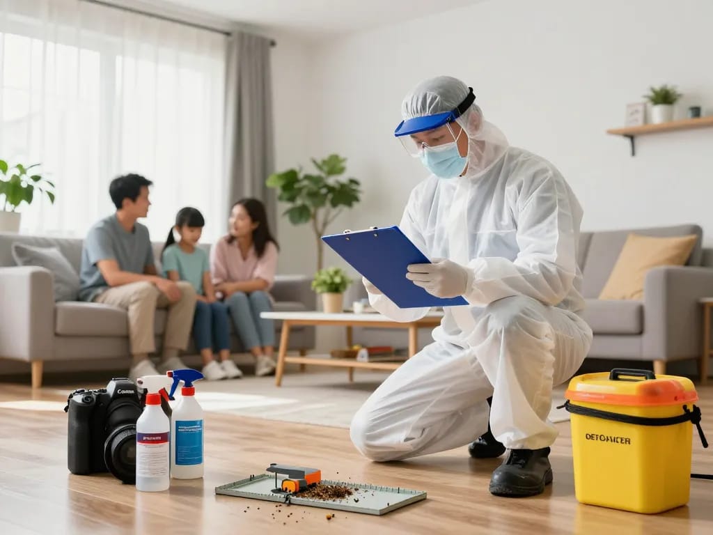 Dedetizadora technician inspecting a home for pest control, ensuring safety and professionalism.