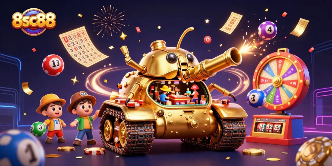 Engage in thrilling wins at 8sc88 with vibrant casino elements in an exciting 3D scene.