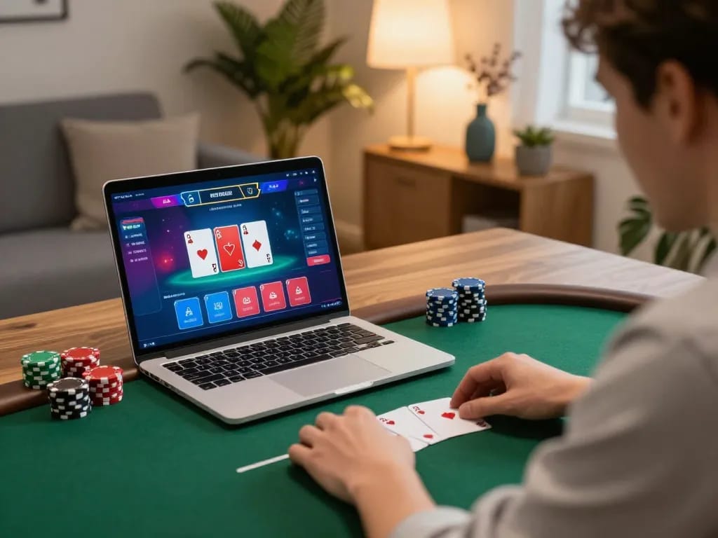 Engaging in online poker on laptop, thabete gaming interface displayed for strategic play