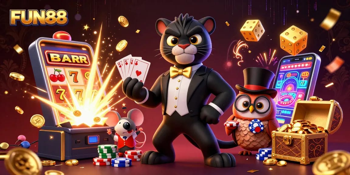 Engage in fun with FUN88 as the stylish panther deals cards amidst a vibrant casino scene.