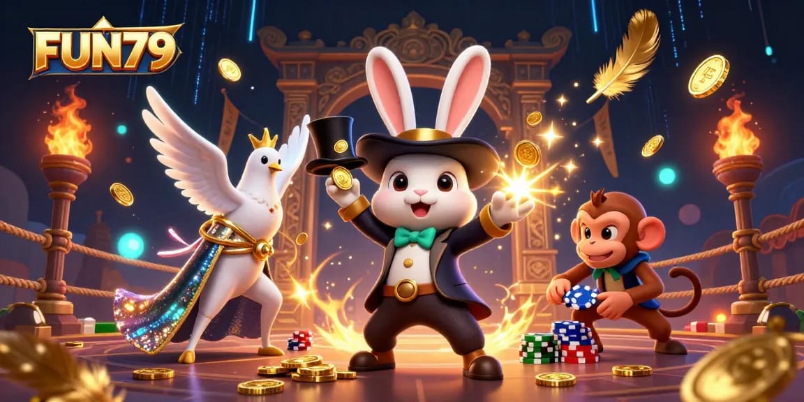 Engage with FUN79's thrilling adventures featuring a magician rabbit, a dove, and a monkey in a vibrant casino scene.