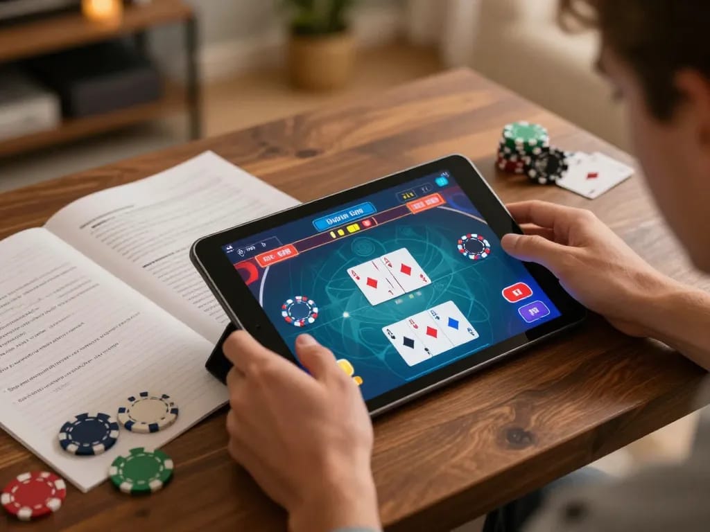 uu88 users engaging in strategic poker gameplay on tablet with vibrant graphics and notes nearby