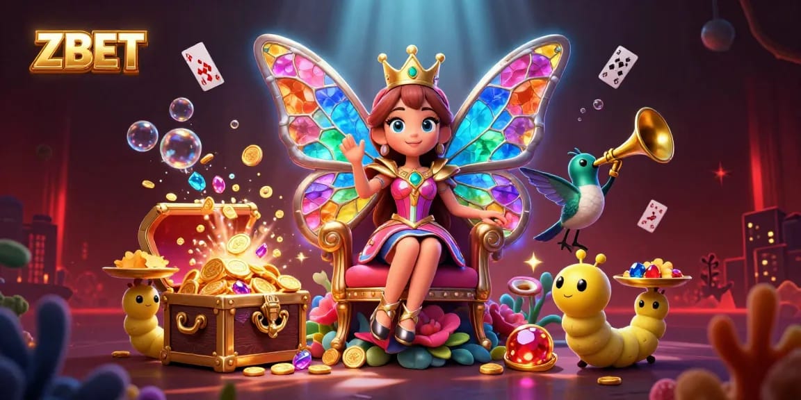 ZBET showcases a vibrant casino scene with a butterfly queen and dynamic game elements for thrilling gameplay.