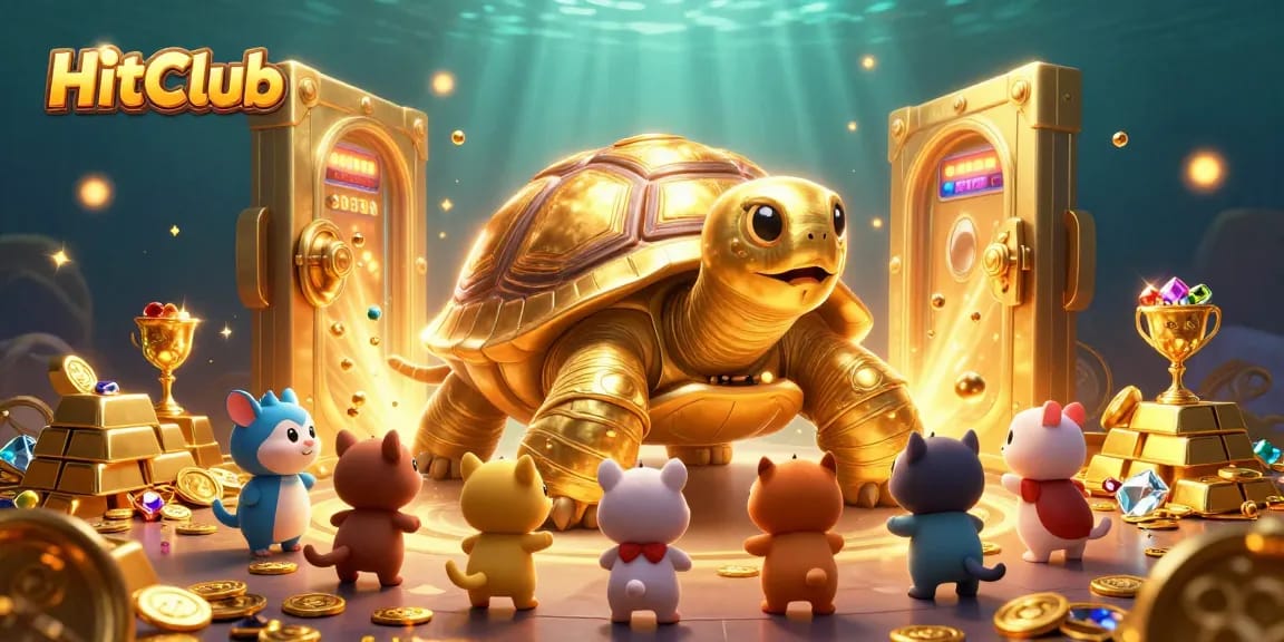 HitClub players engage with a vibrant, dynamic casino scene featuring treasures and games.