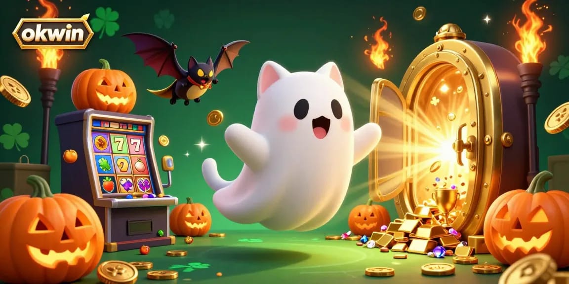 Engage in thrilling gameplay with okwin as the friendly ghost cat and vampire bat explore a vibrant haunted casino.