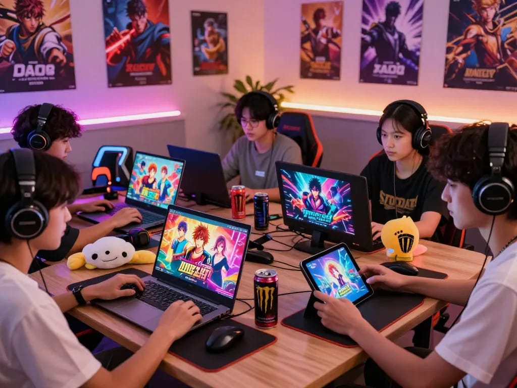 Engaged gamers playing adult games on various devices in a vibrant gaming room.