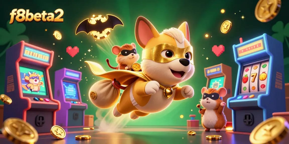 Experience exciting wins with f8beta2 through a 3D cartoon superhero scene featuring games and coins.