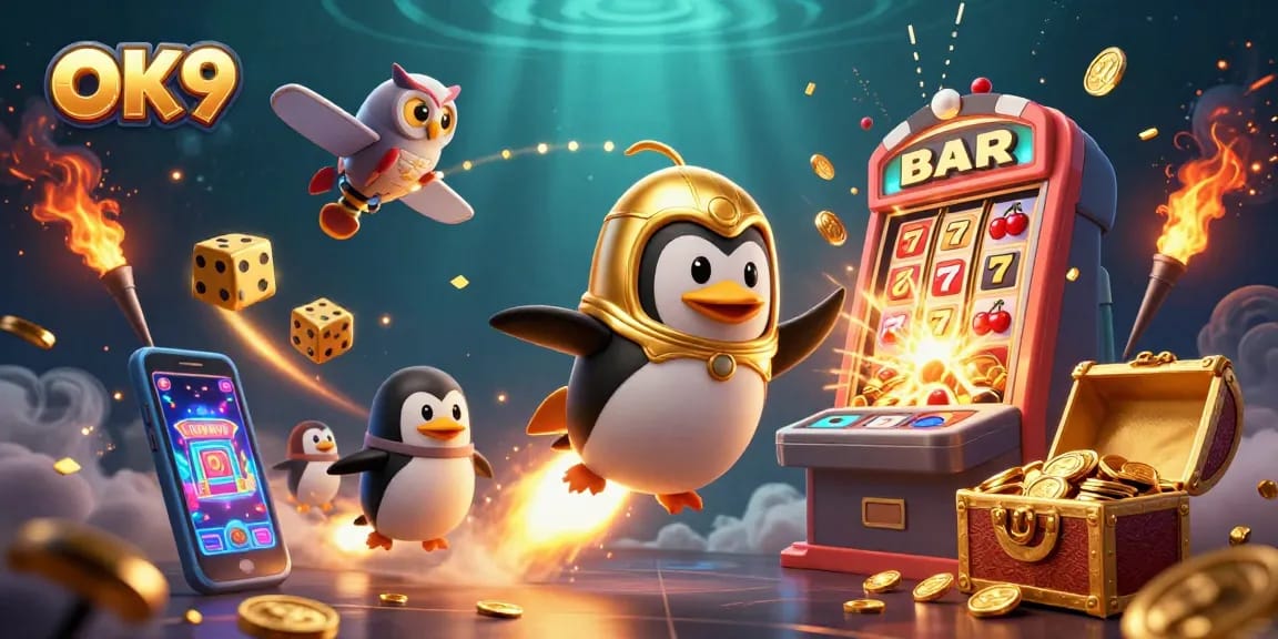Engage with OK9's dynamic gaming universe featuring a golden penguin and casino elements.