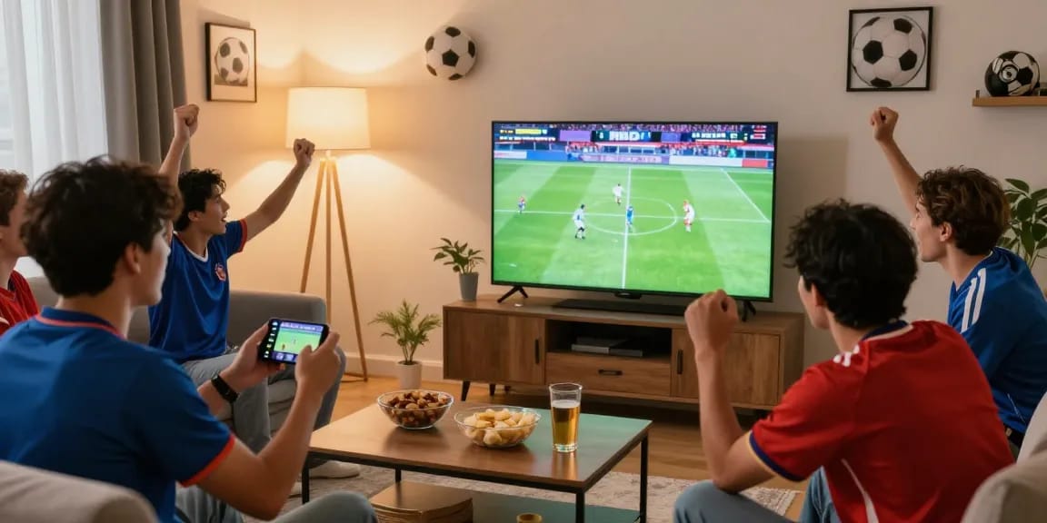 Friends enjoying football live on multicanais in a cozy living room with HD display.