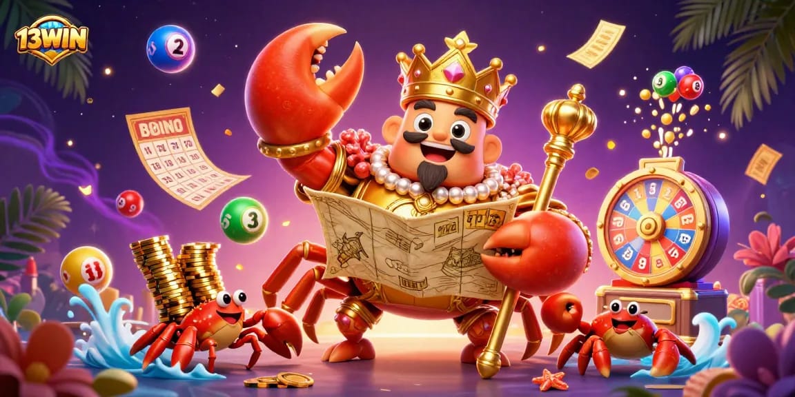 Experience thrilling gaming with 13WIN's dynamic casino scene featuring a golden crab emperor and vibrant game elements.