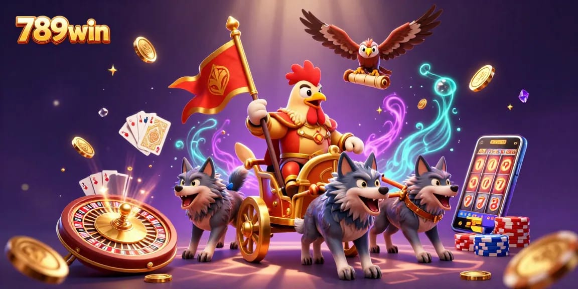 Engage in thrilling gameplay with 789win as a cartoon rooster warlord leads a golden chariot amidst a whirlwind of casino excitement.