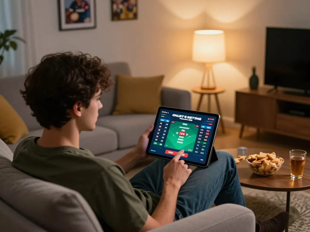 Engaging online sports betting experience on a tablet, highlighting 75W platform in a cozy home setting.