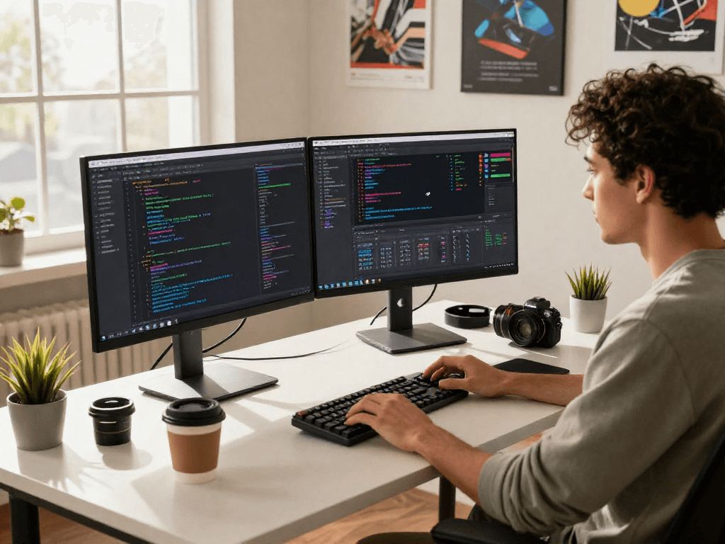 Ambiente de trabalho moderno com desenvolvedor mostrando multicanais em telas, atmosfera produtiva e inspiradora.