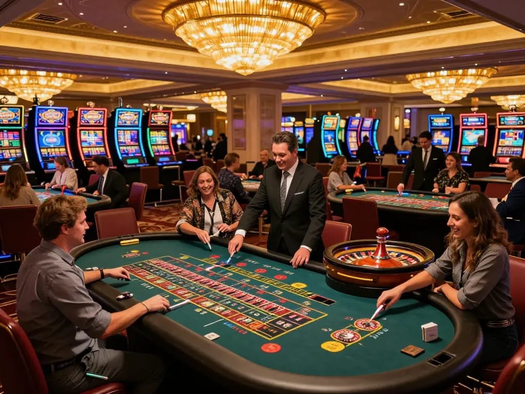 Players enjoy roulette at oxbet com casino floor, basking in a vibrant, luxurious ambiance.