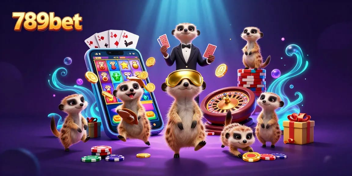 Engage with 789bet's exciting casino world through a vibrant meerkat casino scene packed with game elements.