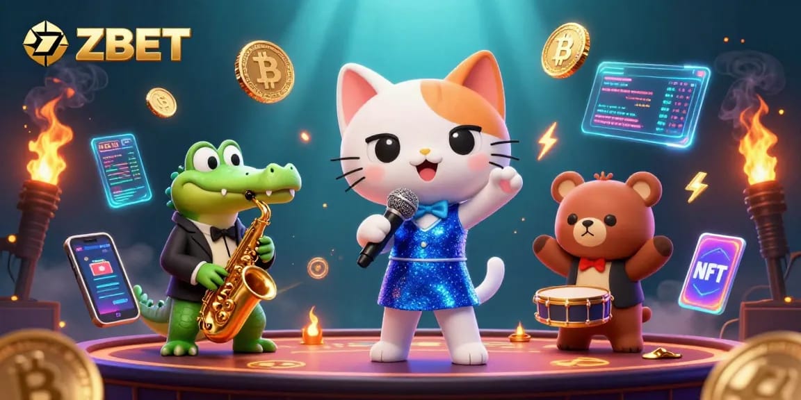 ZBET delivers thrilling gameplay with dynamic cartoon characters and crypto elements in a vibrant casino illustration.