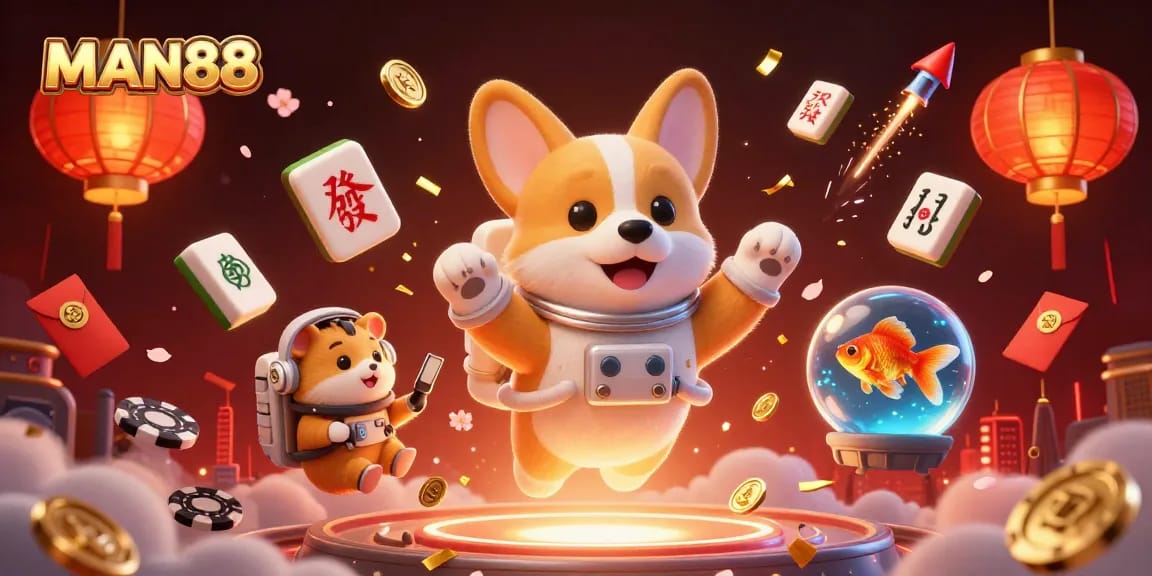 Experience MAN88’s thrilling casino atmosphere with floating characters and magical game elements.