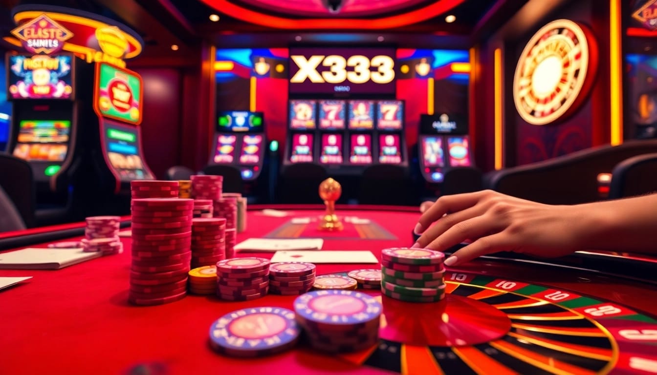 Engaging X333 casino scene showing strategic poker betting and dynamic slot machines in luxury setting