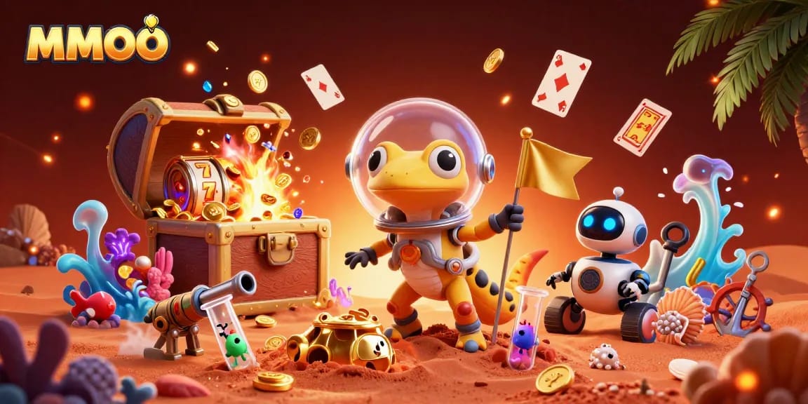Join the adventure at MMOO as a Martian gecko uncovers a golden casino in a thrilling 3D scene.