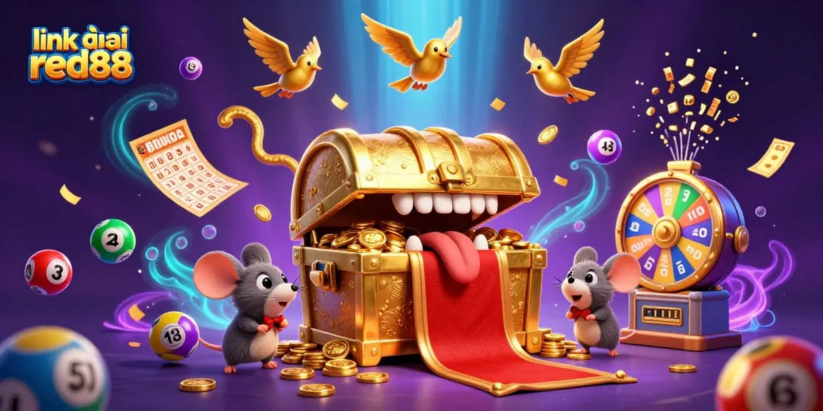Win big with link vào red88! Enjoy vibrant lottery balls and a golden treasure chest in this exciting casino scene.