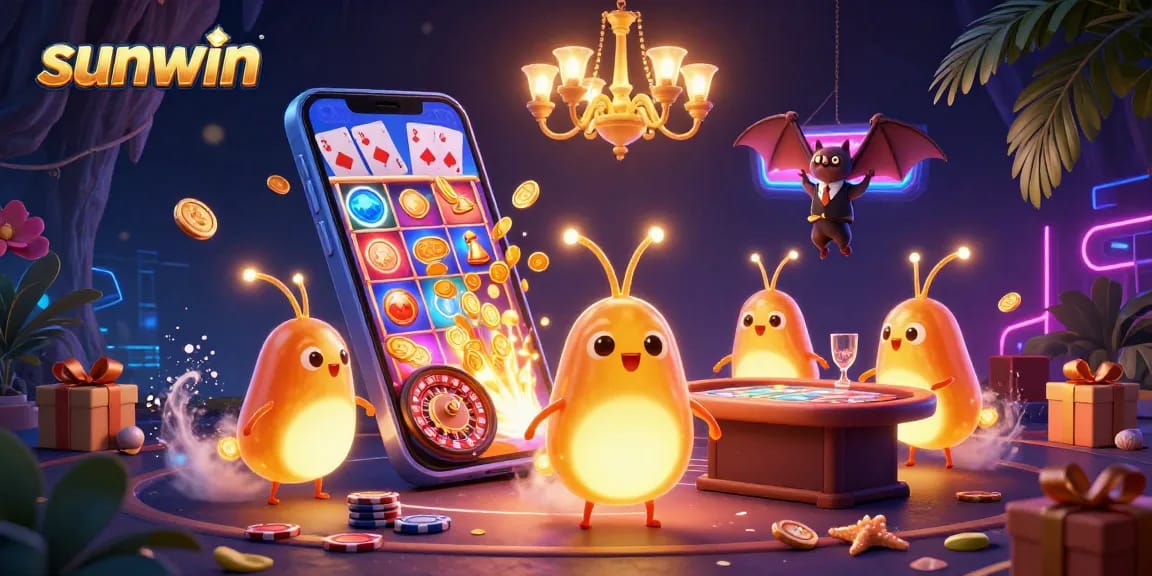 Experience winning at sunwin with glowworms lighting a vibrant casino scene filled with games.