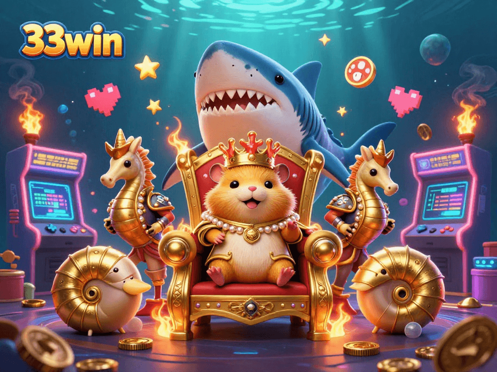 Engage with the 33win gaming experience featuring a golden hamster king in a dynamic casino scene.