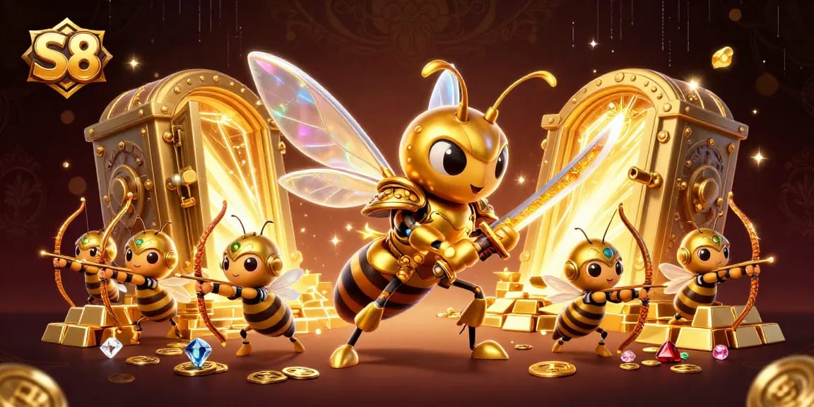 S8 players celebrating wins in an ultra-detailed casino scene of vibrant gold treasures and game elements.