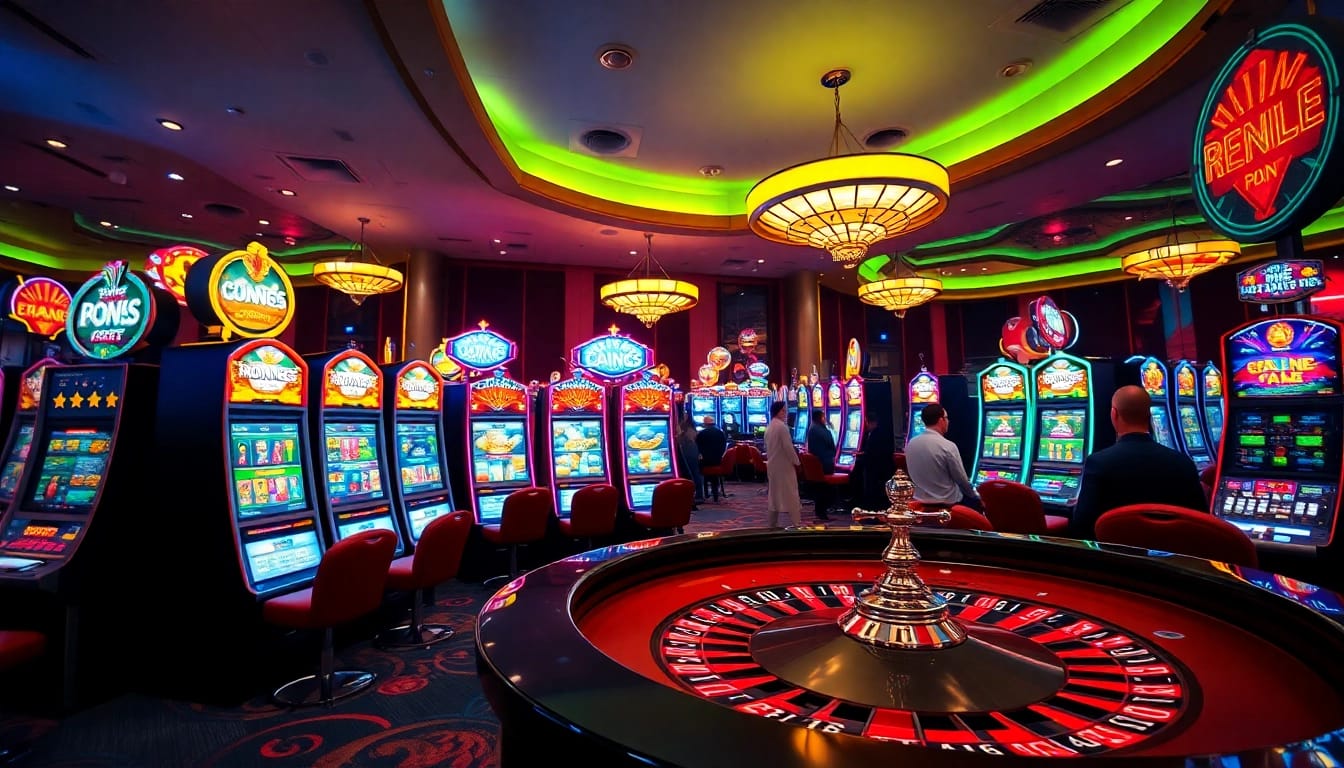 Vibrant gaming hall showcasing nouveau casino en ligne with colorful slot machines.