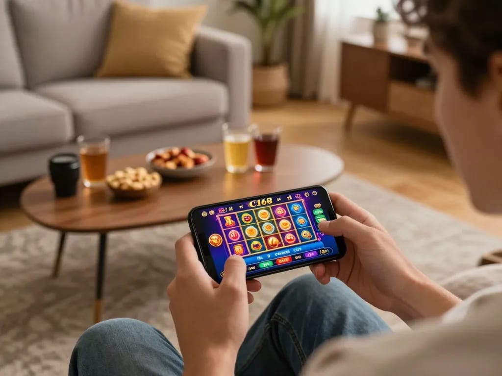 Player engaging with the C168 casino app on a smartphone in a cozy home setting while enjoying gaming.