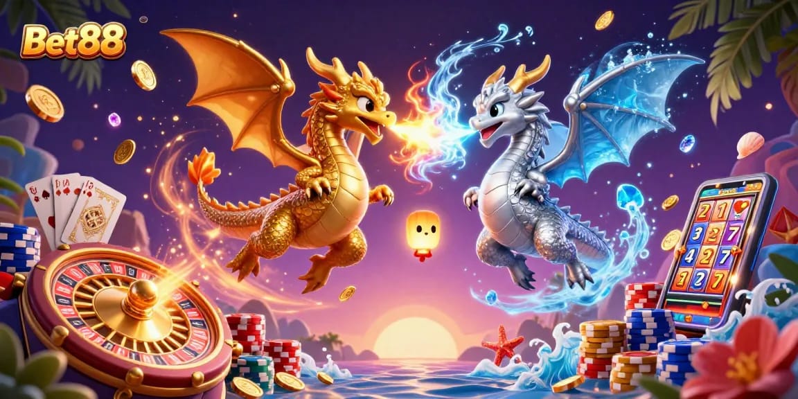Experience exciting gaming action with Bet88, illustrated by flying dragons, vibrant slots, and golden chips.