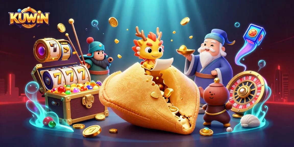 KUWIN players winning big with golden slot reels and a wise dragon fortune reading.