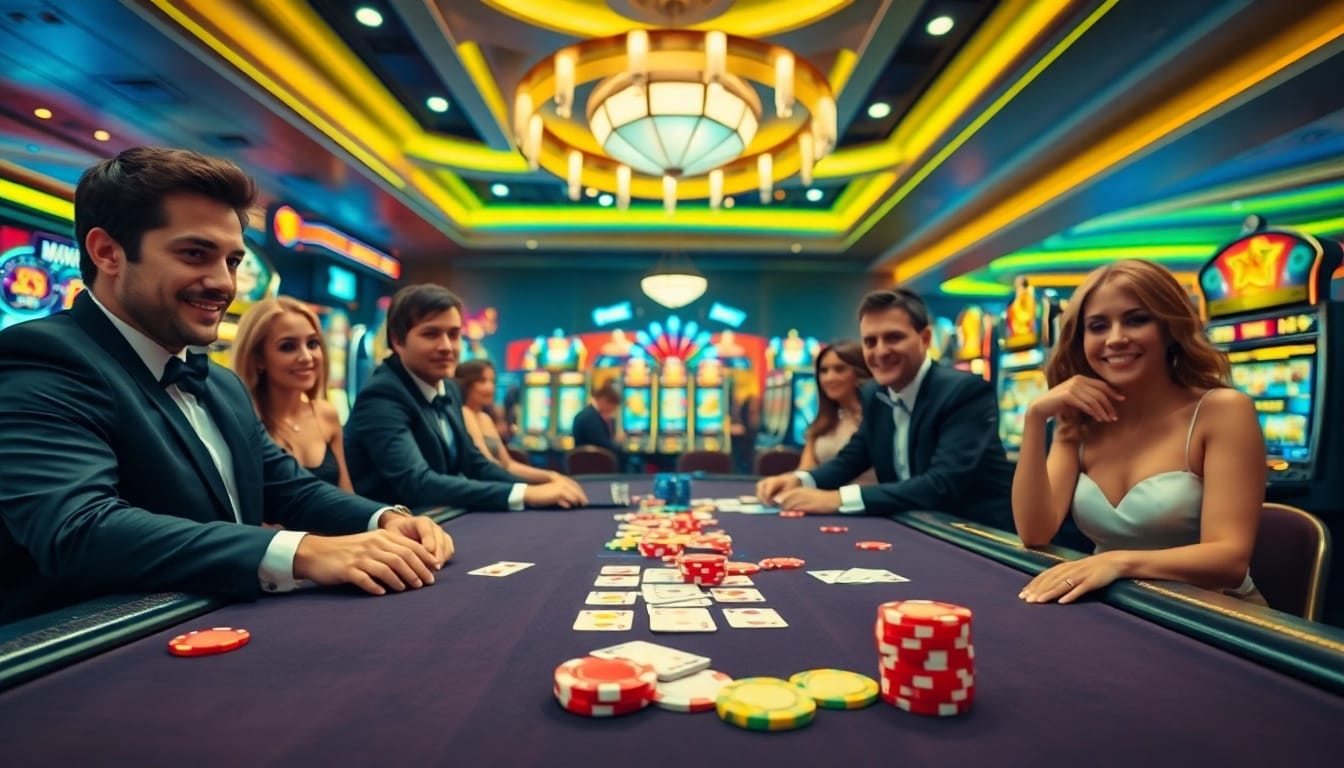 Joueurs participant à un casino francais en ligne, entourés de lumières et de cartes colorées.
