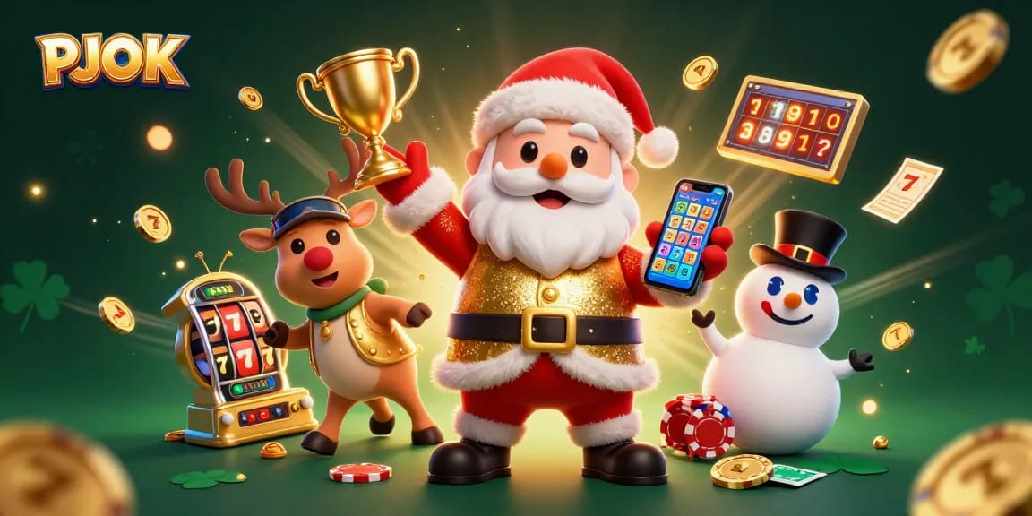 PJOK offers a vibrant 3D illustration featuring Santa and friends celebrating casino games like slots.
