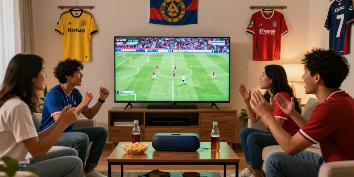 Excited friends enjoying 'nonton bola live' in a cozy living room with snacks and drinks.
