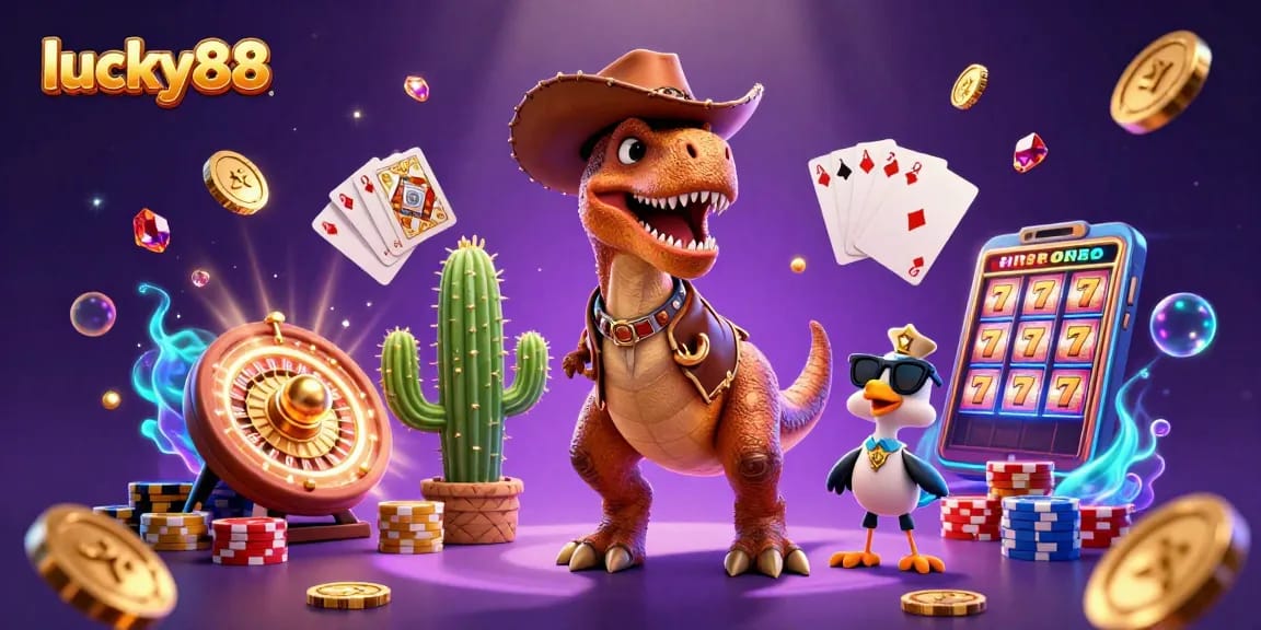 Experience winning moments at lucky88 with a festive casino scene showcasing dino, cactus, and vibrant game elements.