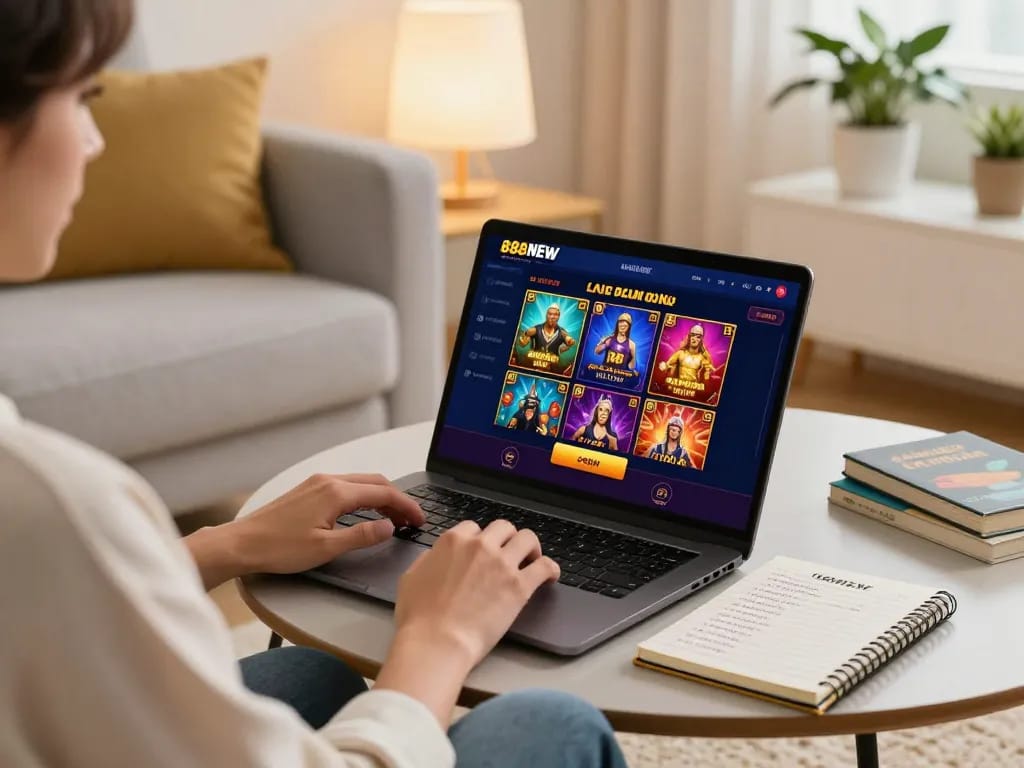 A player enjoying 888NEW online casino games on a laptop in a cozy home setting, showcasing various games and a warm atmosphere.