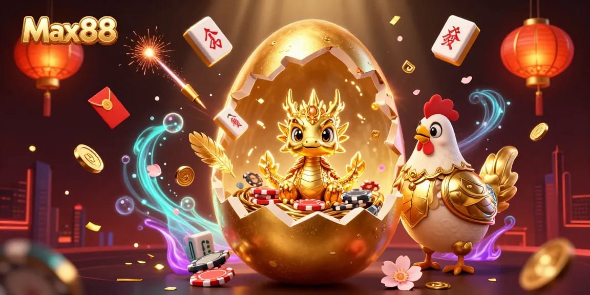 Max88 casino illustration with a golden dragon, poker chips, and floating decorations.