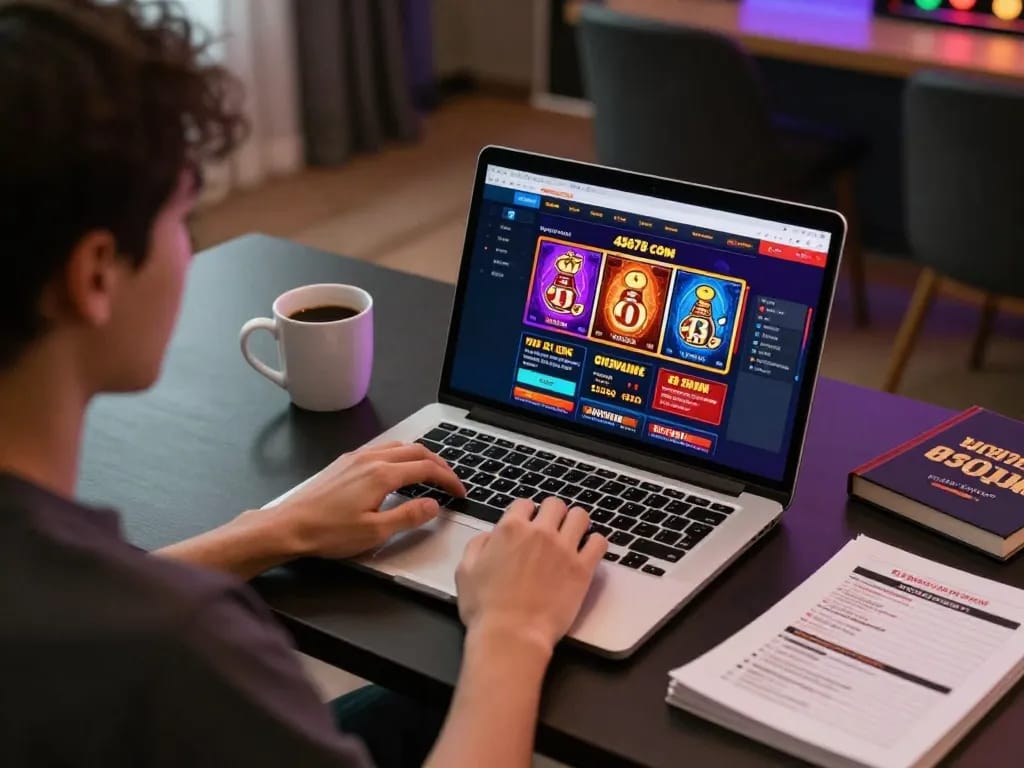 Engaged player exploring 45678 com online casino on a laptop, showcasing a vibrant gaming interface.