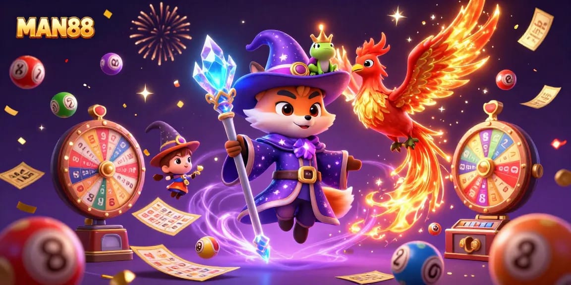 Engage with MAN88's vibrant fantasy casino scene, featuring a wizard fox, phoenix, and lottery elements.