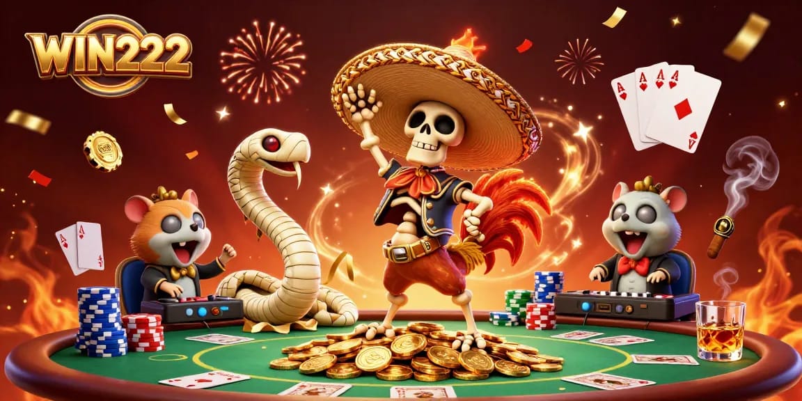 Experience the thrill of WIN222 with vivid casino elements and charismatic characters in a lively scene.