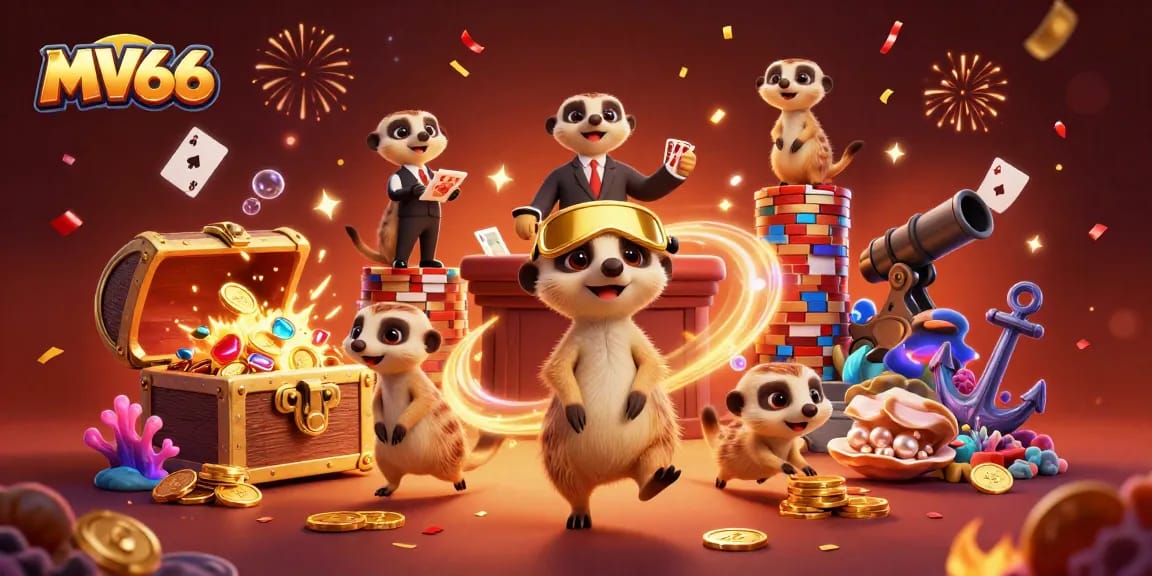 Watch MV66 meerkats run a vibrant casino with gold coins and cards swirling around.