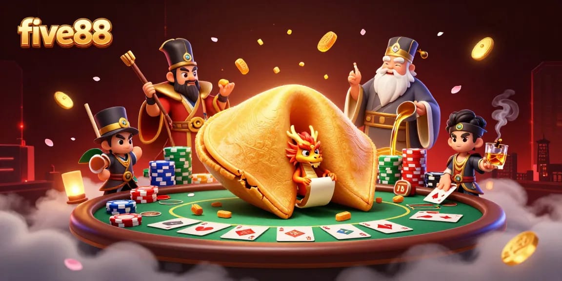 Experience five88 with this dynamic illustration showcasing casino elements and a mystical dragon.