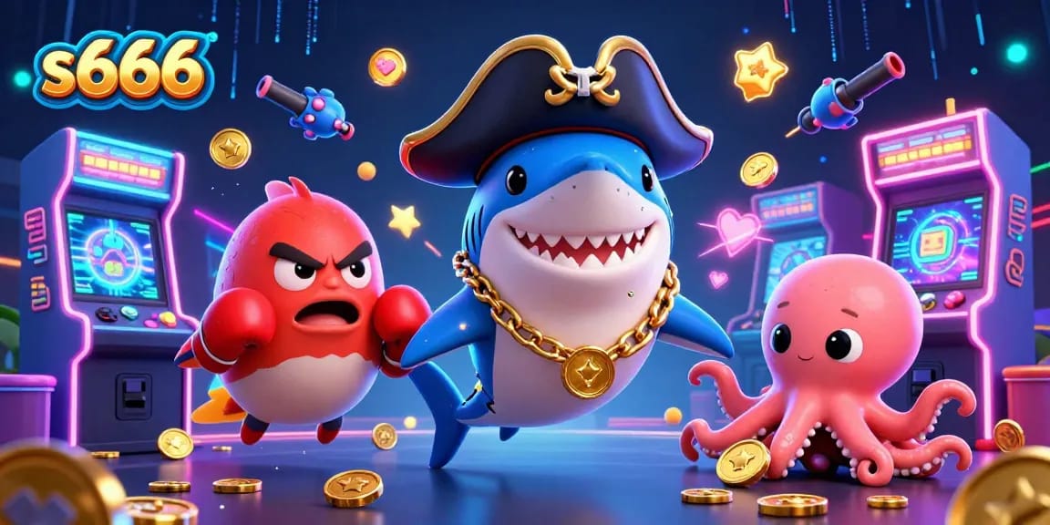 S666 pirate shark and friends winning big at the casino, featuring colorful 3D game elements.