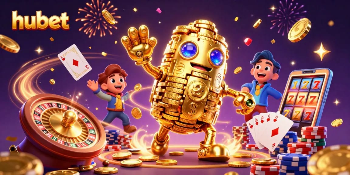 Engage with Hubet's thrilling online gaming experience featuring a golden golem and vibrant casino elements.